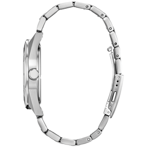 Silver watch strap on a white background