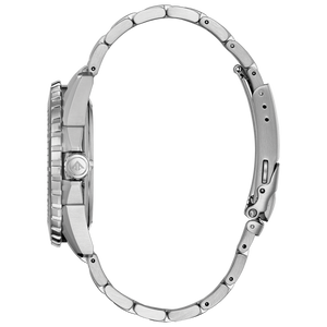 Silver watch with a detailed band on a white background
