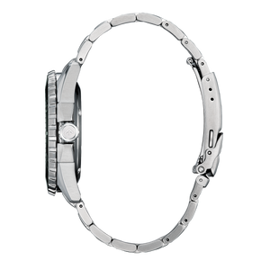 Close-up of a silver watch band on a white background