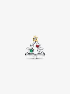 Silver Christmas tree-shaped charm with colored stones on a white background