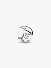 Load image into Gallery viewer, Silver moon-shaped charm with &#39;The Sky is the Limit&#39; engraving on a white background
