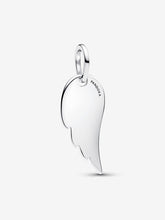 Load image into Gallery viewer, Silver angel wing pendant with &#39;Pandora&#39; engraving on a white background
