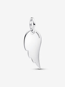 Silver angel wing pendant with 'Pandora' engraving on a white background