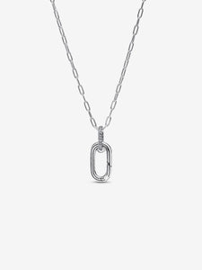 Silver necklace with a openable link pendant on a white background