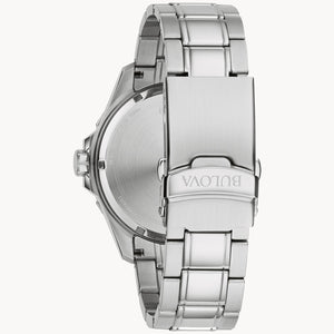 Silver Bulova watch back on a white background