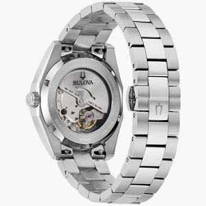 Silver Bulova watch with a detailed case back on a white background