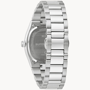 Silver watch with a detailed back view on a white background
