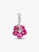 Load image into Gallery viewer, Pink flower-shaped charm with silver details on a white background
