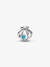 Load image into Gallery viewer, Silver openwork shell with blue enamel on a white background
