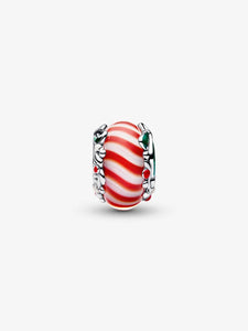 Red and white striped charm with silver accents on a white background