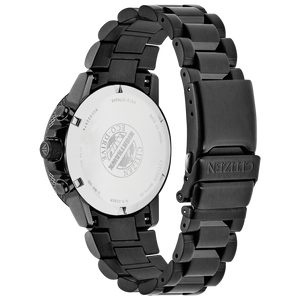 Black watch with a detailed back on a white background