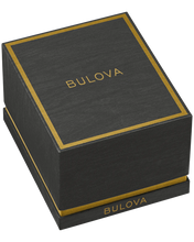 Load image into Gallery viewer, Dark grey Bulova watch box with gold text on a white background
