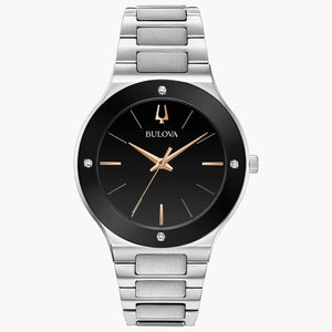 Bulova watch with black face and silver band on a white background Fifth Avenue Jewellers Kamloops BC