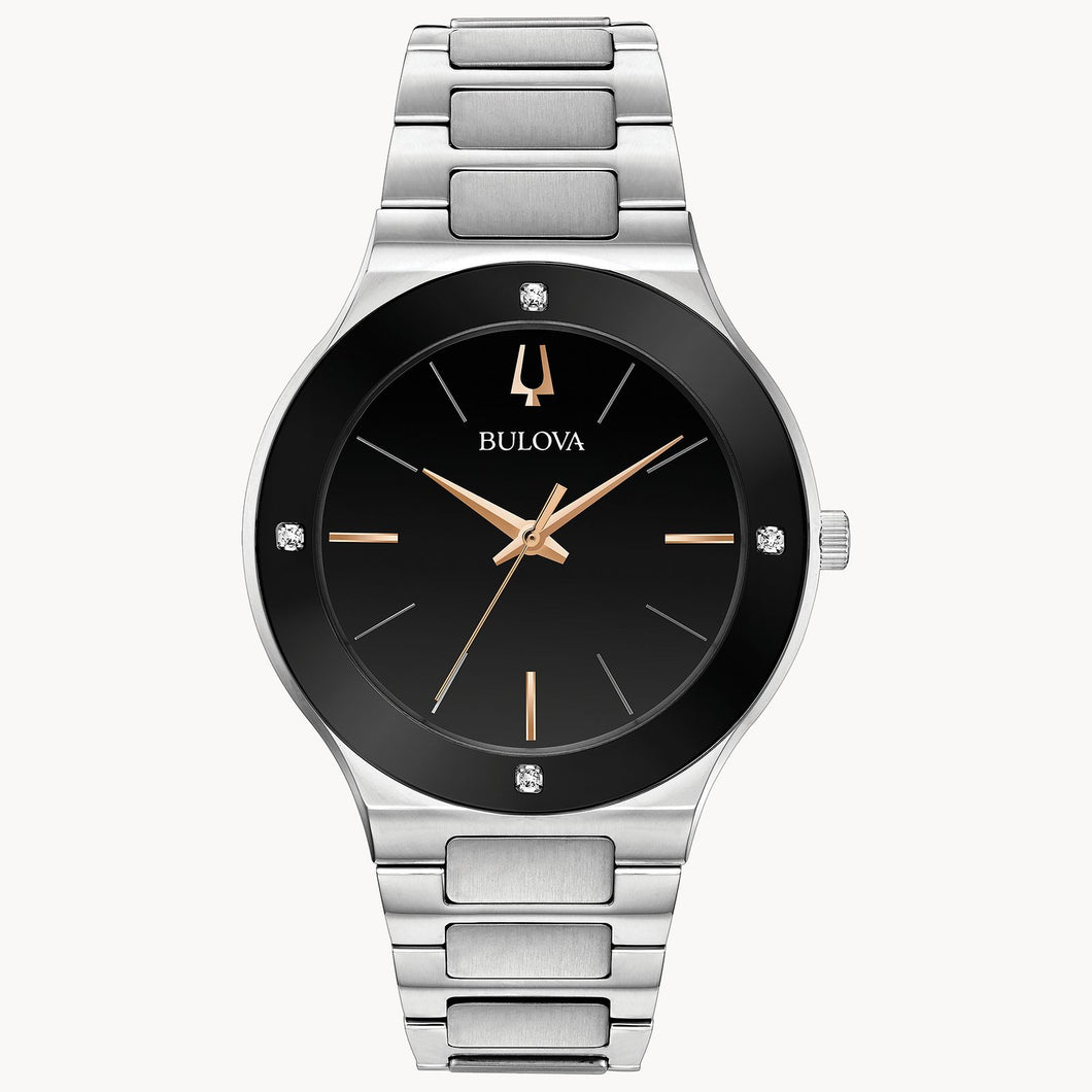 Bulova watch with black face and silver band on a white background Fifth Avenue Jewellers Kamloops BC