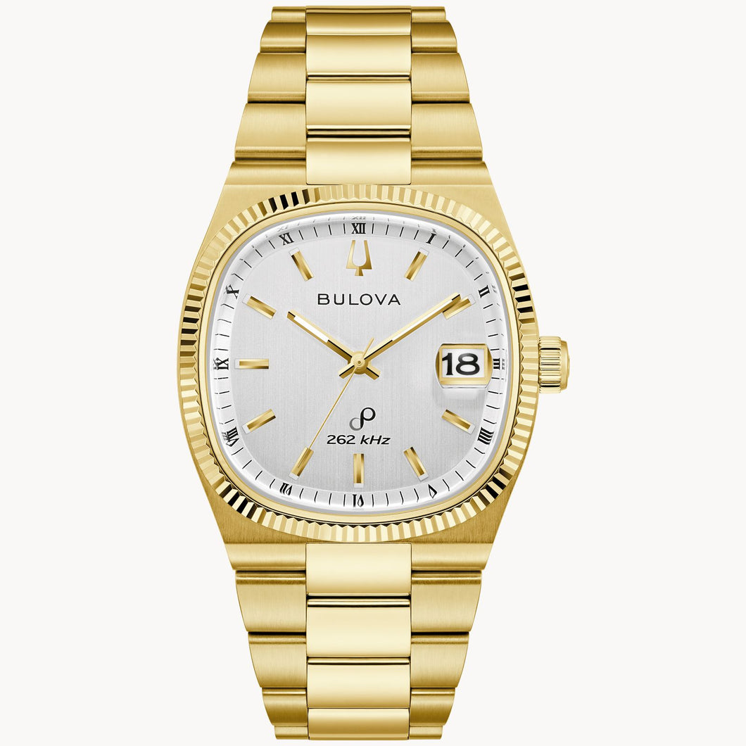 Gold Bulova watch with a white face on a white background Fifth Avenue Jewellers Kamloops BC