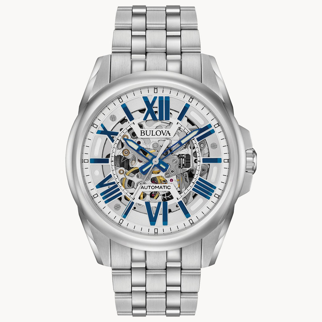Silver Bulova watch with a white face and blue accents on a white background Fifth Avenue Jewellers Kamloops BC