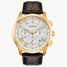 Load image into Gallery viewer, Bulova watch with gold case and brown leather strap on a white background Fifth Avenue Jewellers Kamloops BC
