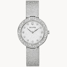 Load image into Gallery viewer, Silver Bulova watch with mesh band and crystal accents on a white background Fifth Avenue Jewellers Kamloops BC
