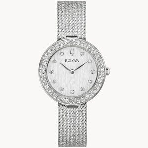 Silver Bulova watch with mesh band and crystal accents on a white background Fifth Avenue Jewellers Kamloops BC