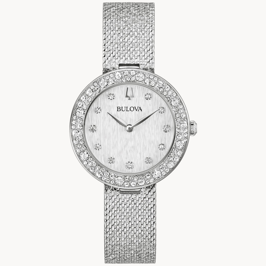 Silver Bulova watch with mesh band and crystal accents on a white background Fifth Avenue Jewellers Kamloops BC
