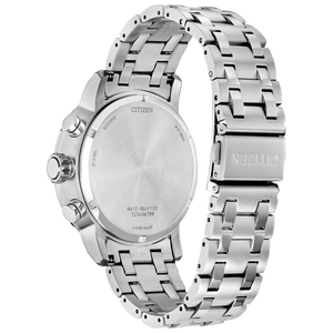 Silver Citizen watch with a detailed metal band on a white background