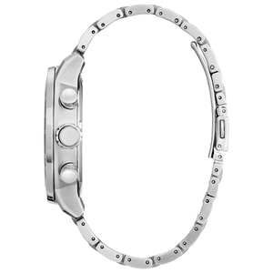 Close-up of a silver watch band on a white background