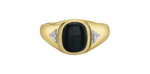 Gold ring with a black stone and diamond accents on a white background Fifth Avenue Jewellers Kamloops BC