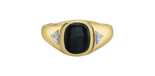 Gold ring with a black stone and diamond accents on a white background Fifth Avenue Jewellers Kamloops BC