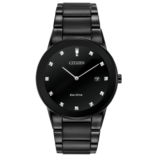 Black Citizen watch with diamond-studded face on a white background Fifth Avenue Jewellers Kamloops BC
