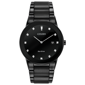 Black Citizen watch with diamond-studded face on a white background Fifth Avenue Jewellers Kamloops BC