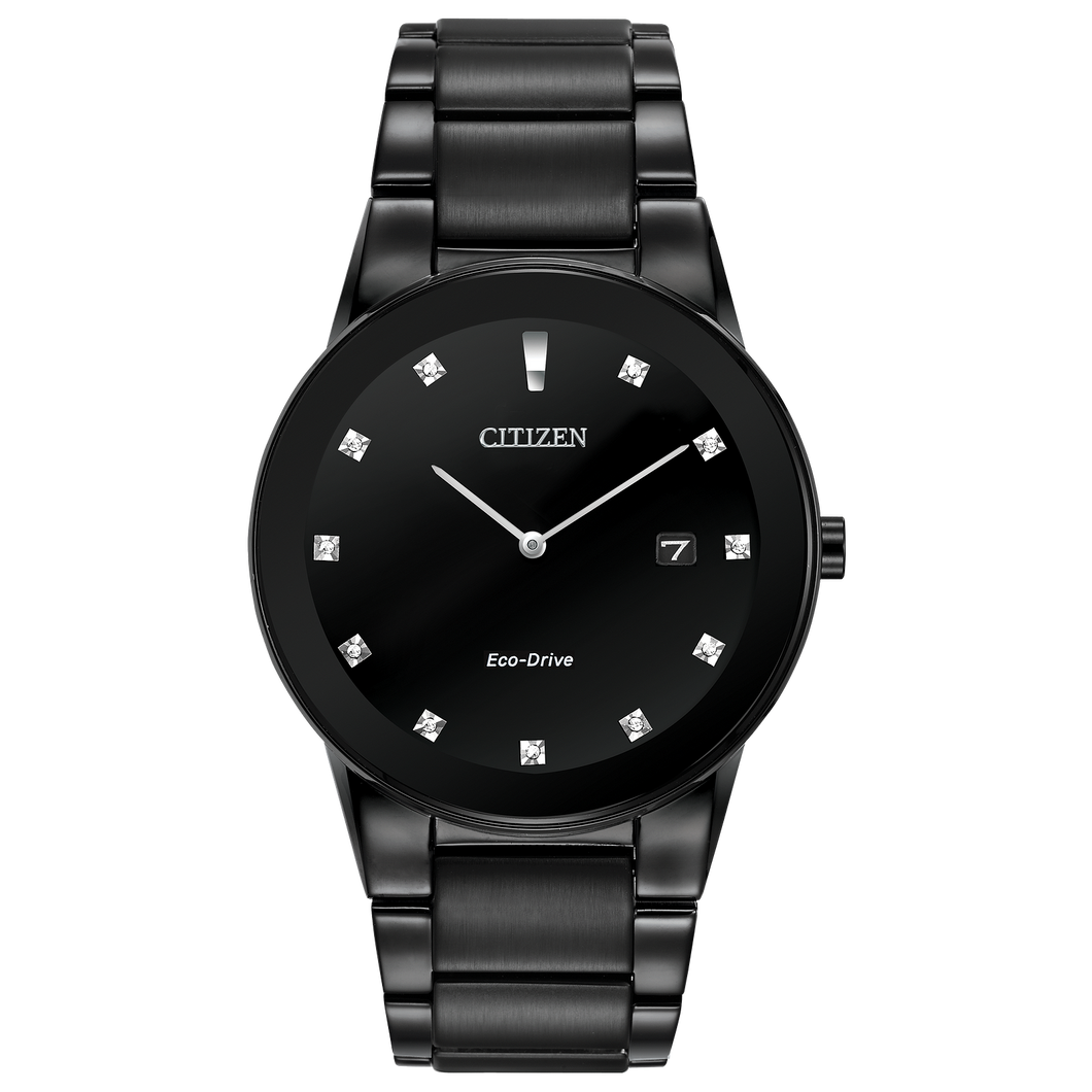 Black Citizen watch with diamond-studded face on a white background Fifth Avenue Jewellers Kamloops BC
