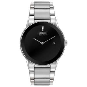 Silver Citizen watch with black face on a white background Fifth Avenue Jewellers Kamloops BC