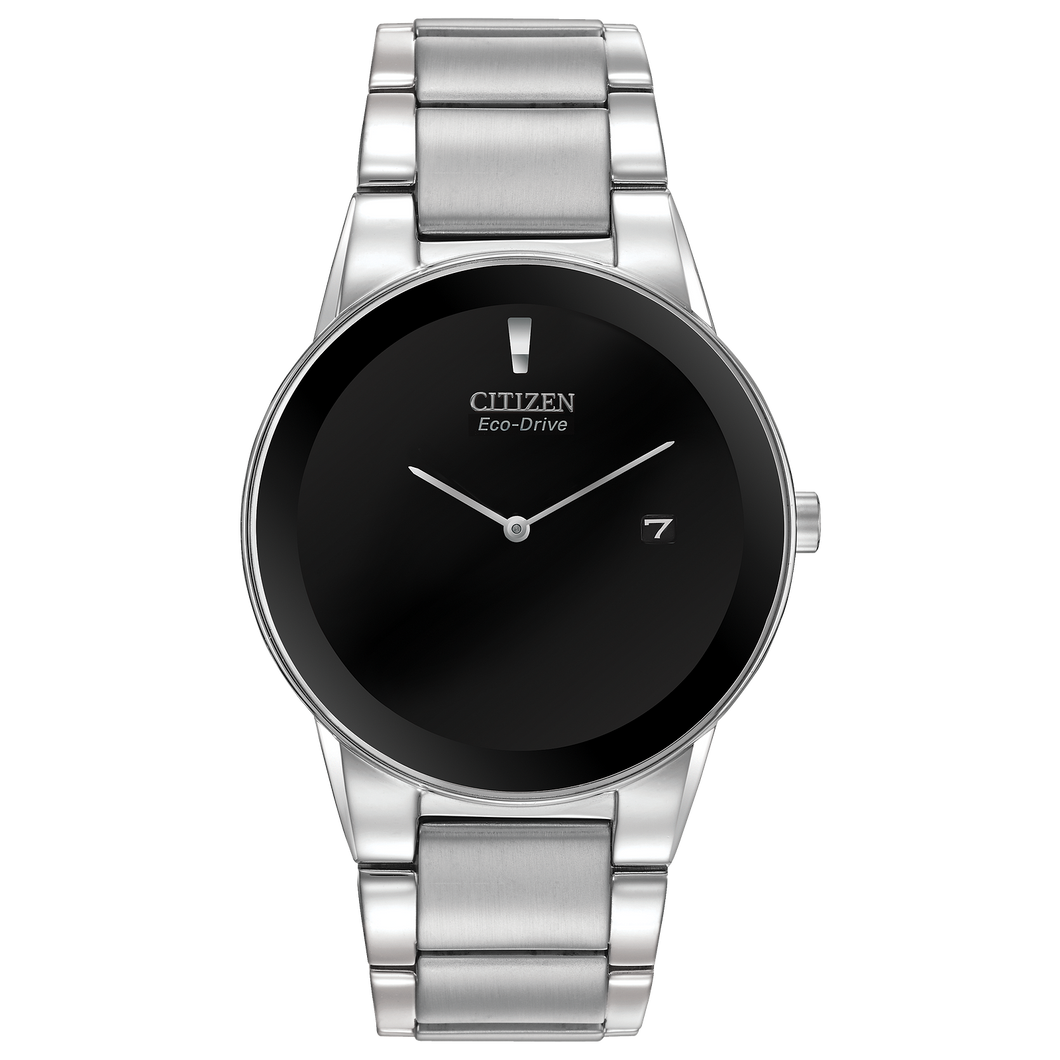 Silver Citizen watch with black face on a white background Fifth Avenue Jewellers Kamloops BC