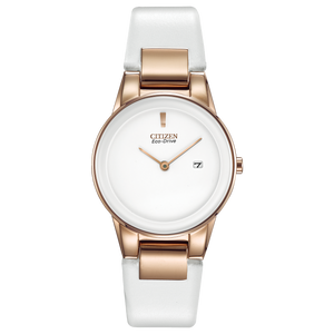 Citizen watch with white strap and rose gold casing on a white background Fifth Avenue Jewellers Kamloops BC