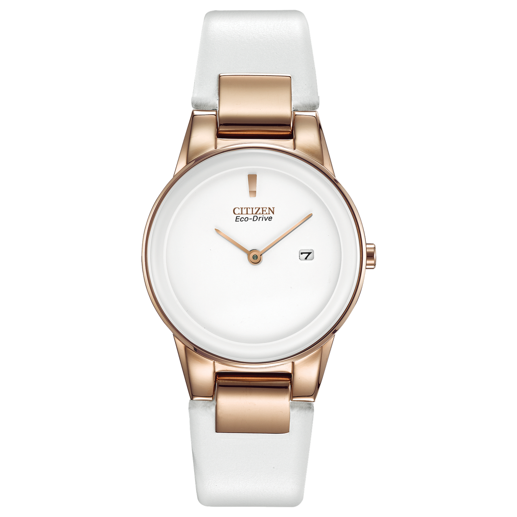 Citizen watch with white strap and rose gold casing on a white background Fifth Avenue Jewellers Kamloops BC
