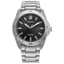 Load image into Gallery viewer, Silver Citizen watch with black dial on a white background Fifth Avenue Jewellers Kamloops BC
