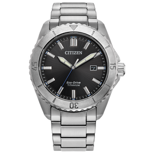 Silver Citizen watch with black dial on a white background Fifth Avenue Jewellers Kamloops BC