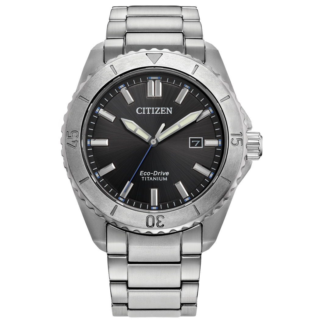 Silver Citizen watch with black dial on a white background Fifth Avenue Jewellers Kamloops BC