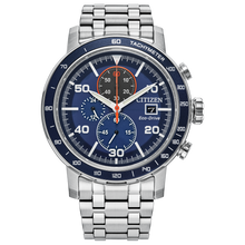 Load image into Gallery viewer, Citizen watch with blue face and silver metal strap on a white background Fifth Avenue Jewellers Kamloops BC
