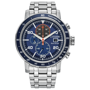 Citizen watch with blue face and silver metal strap on a white background Fifth Avenue Jewellers Kamloops BC