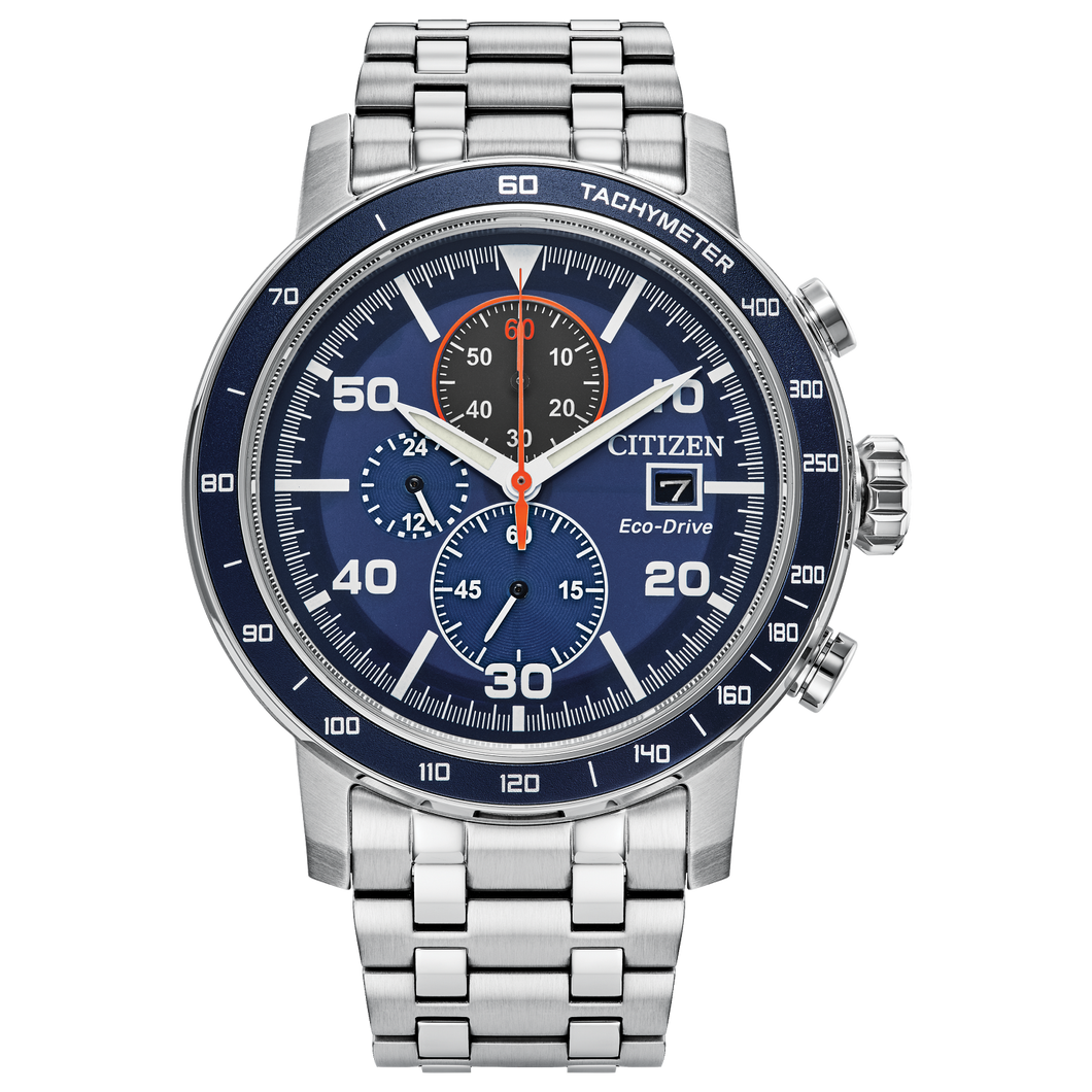 Citizen watch with blue face and silver metal strap on a white background Fifth Avenue Jewellers Kamloops BC