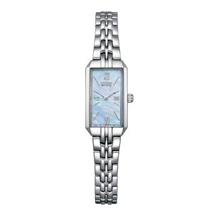 Silver watch with a light blue face on a white background Fifth Avenue Jewellers Kamloops BC