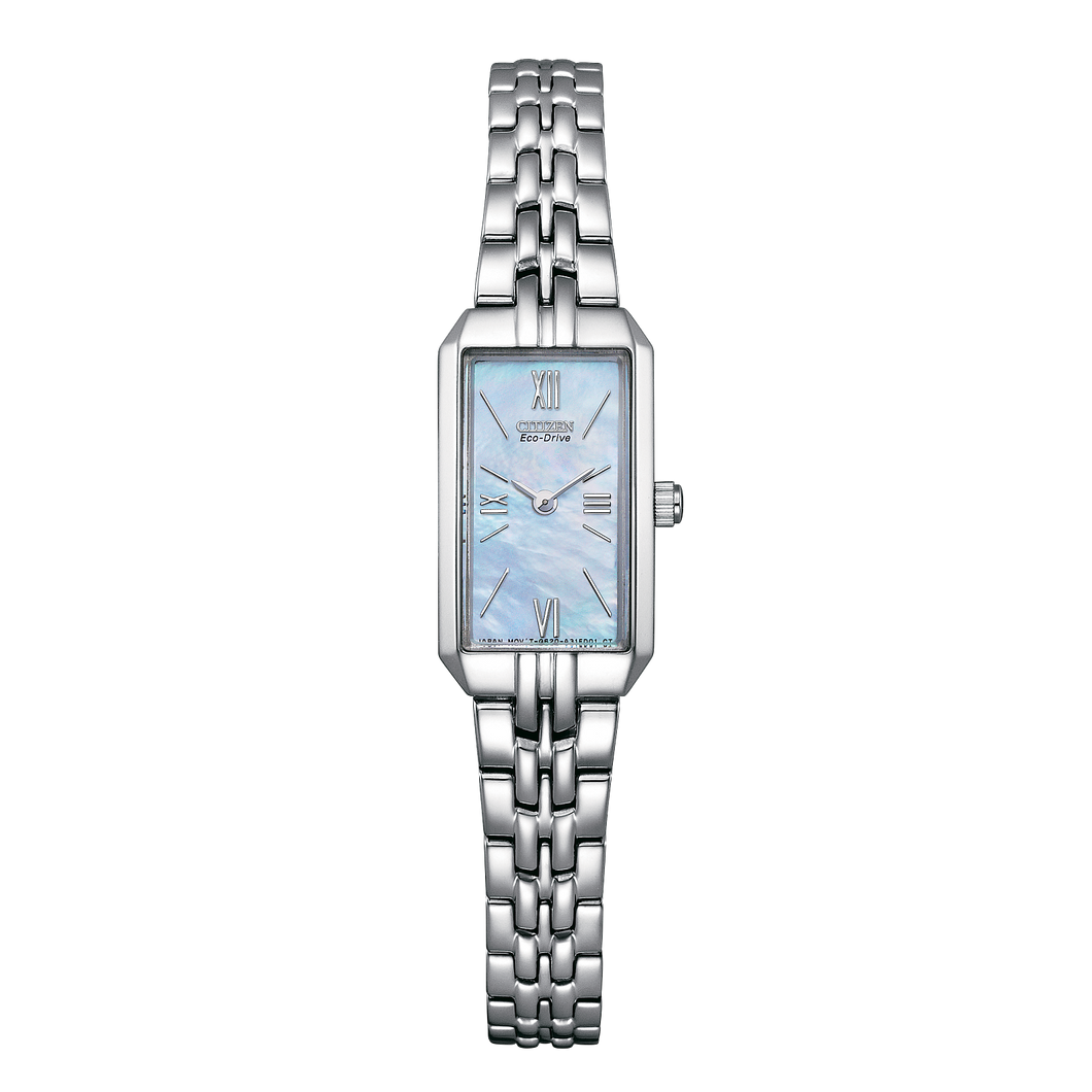 Silver watch with a light blue face on a white background Fifth Avenue Jewellers Kamloops BC