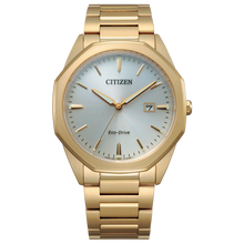 Load image into Gallery viewer, Gold Citizen watch with a white face on a white background Fifth Avenue Jewellers Kamloops BC
