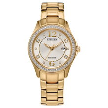 Load image into Gallery viewer, Gold Citizen watch with diamond-studded bezel on a white background Fifth Avenue Jewellers Kamloops BC
