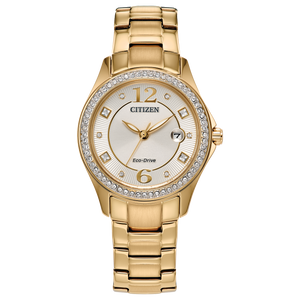 Gold Citizen watch with diamond-studded bezel on a white background Fifth Avenue Jewellers Kamloops BC