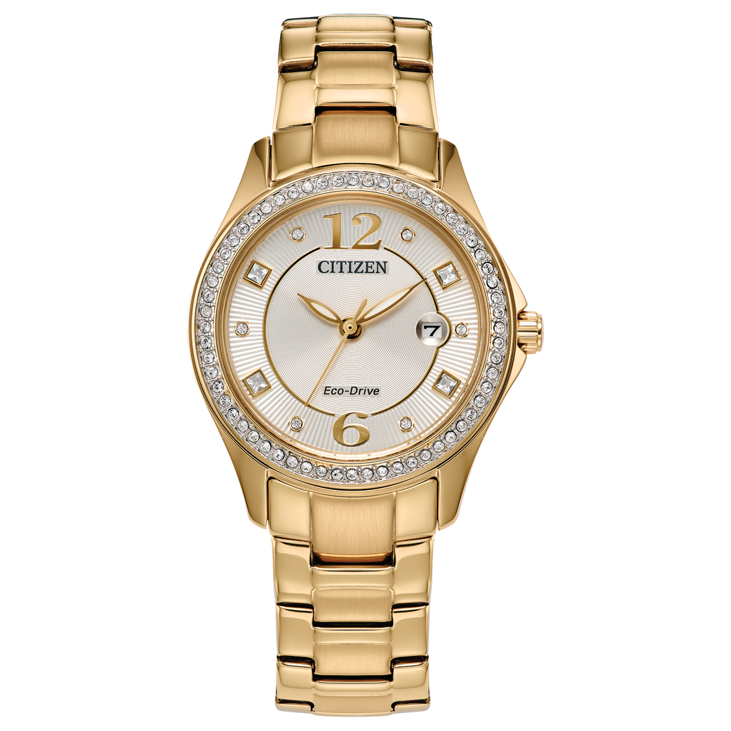 Gold Citizen watch with diamond-studded bezel on a white background Fifth Avenue Jewellers Kamloops BC
