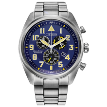 Load image into Gallery viewer, Citizen watch with blue dial and silver metal strap on a white background Fifth Avenue Jewellers Kamloops BC
