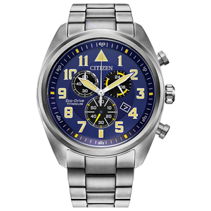 Citizen watch with blue dial and silver metal strap on a white background Fifth Avenue Jewellers Kamloops BC