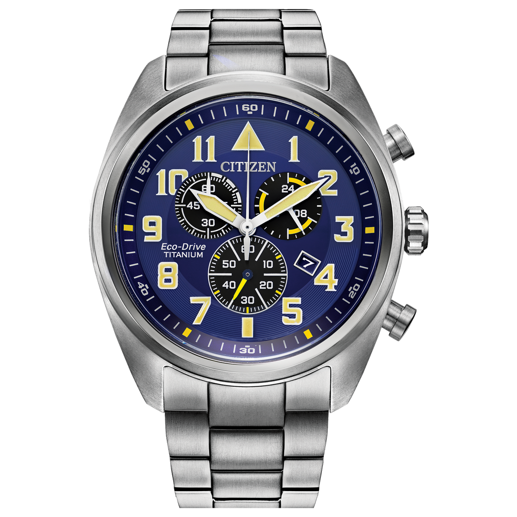 Citizen watch with blue dial and silver metal strap on a white background Fifth Avenue Jewellers Kamloops BC